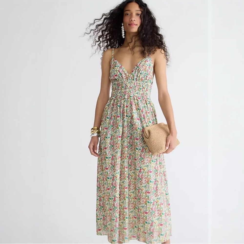 J. Crew V-neck Smocked-waist Dress in Liberty London Fabric Size 4 Floral Straps